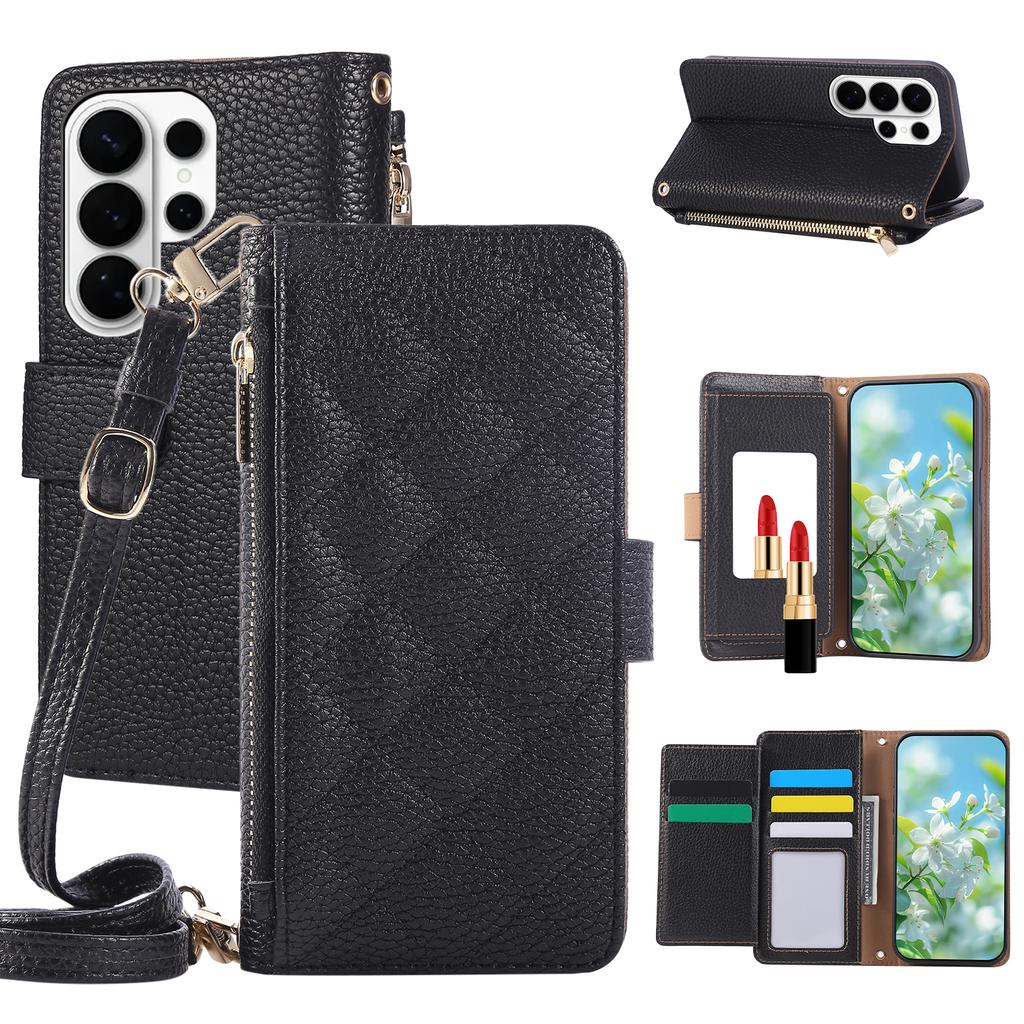 Crossbody Long Lanyard Flip Cards Solt Wallet Leather Bag Case for Samsung S26 Ultra S25 S24 S23 S22 A27 A17 A37 A57 Stand Cover