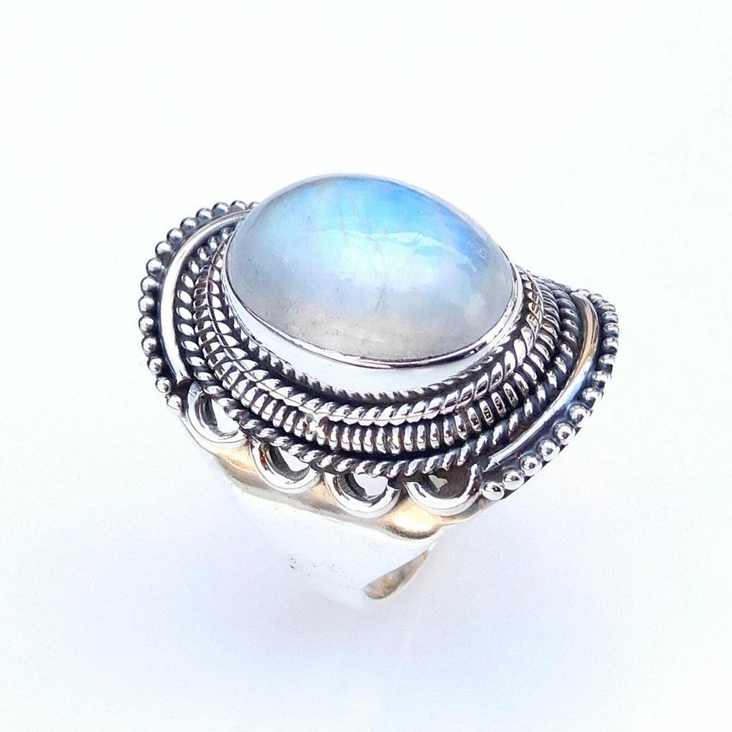 Natural Moonstone Handmade Solid Ring 925 Sterling Silver Fine Jewelry Statement Engagement Rings for Women