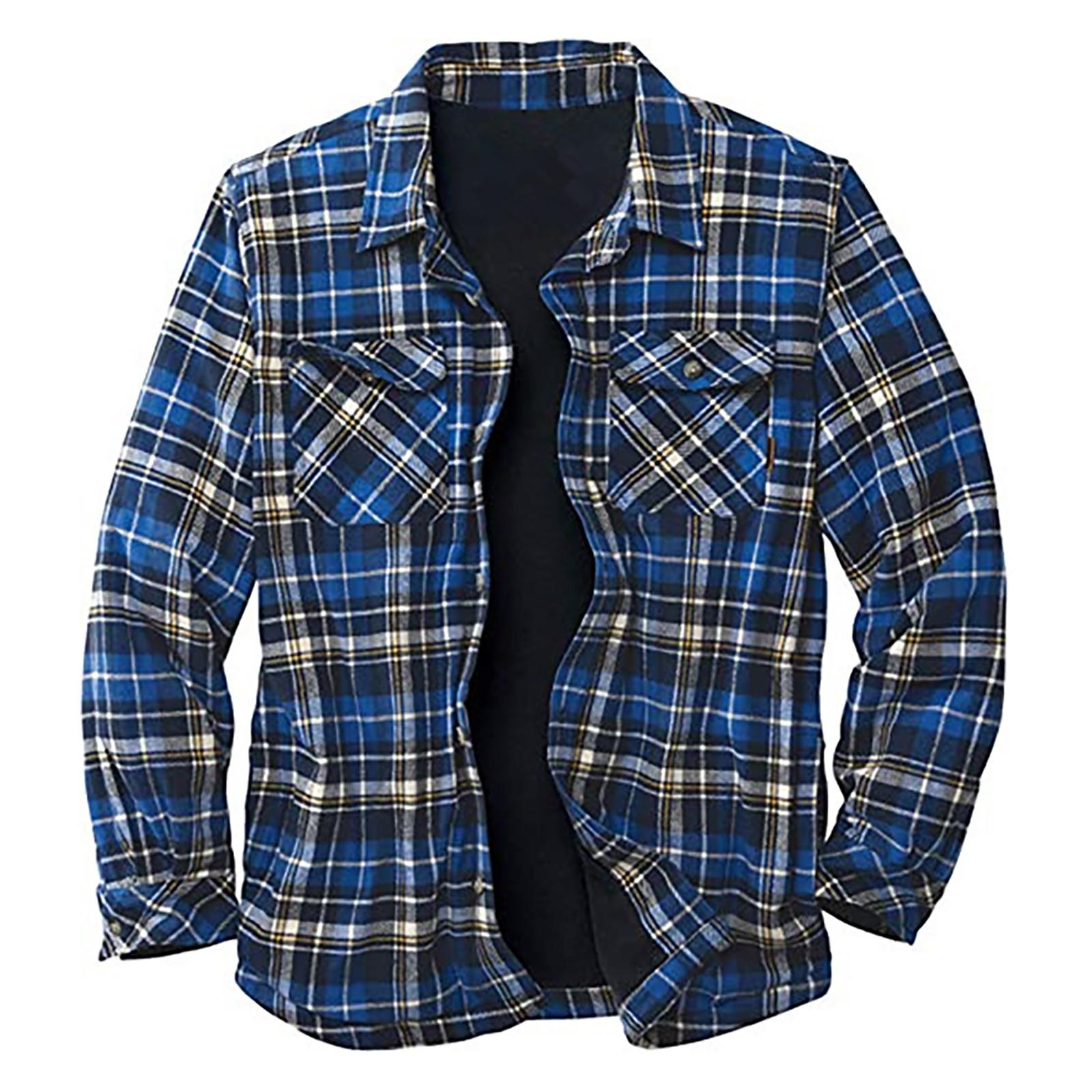 

Мужская клетчатая рубашка на стеганой подкладке на пуговицах с бархатной теплой курткой с капюшоном XXXL синий