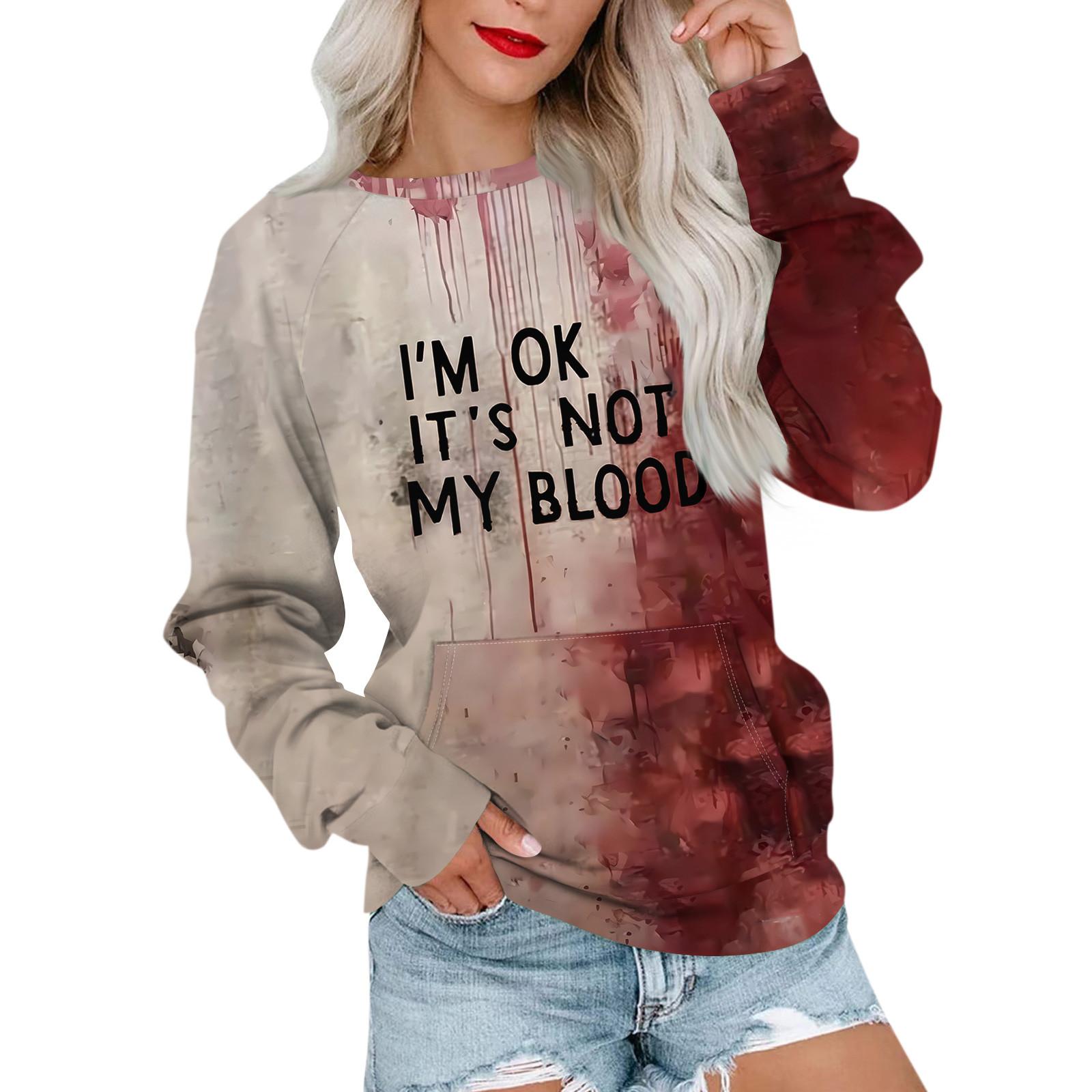 

Женская толстовка с длинным рукавом, повседневная, с круглым вырезом, симпатичная, с принтом на Хэллоуин, легкая толстовка с карманом L винный