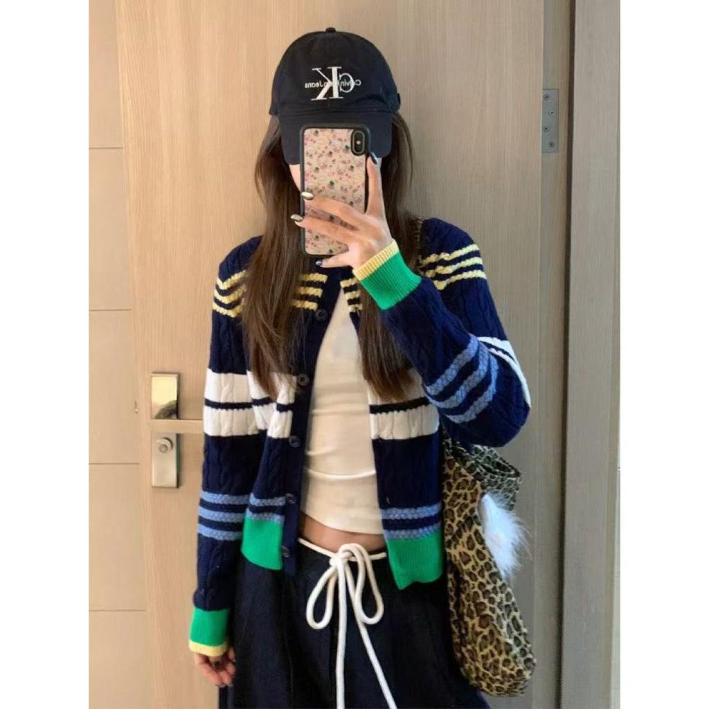 Korean Style Retro Striped Cardigan Sweater - Color Block Spring Jacket 2025