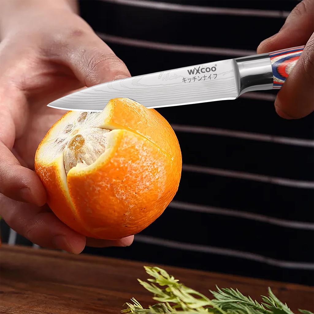 5PCS Damascus Pattern Chef Knife Kitchen Knife Meat Cleaver Wood Handle Paring Utility Santoku Slicing Knife