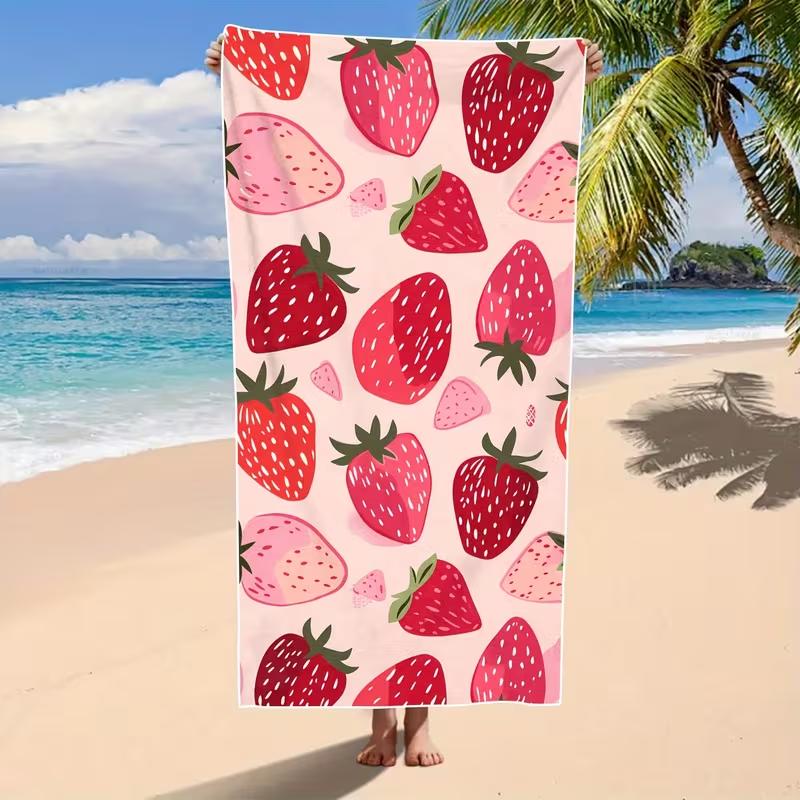Cute Pink Strawberry Print Beach Towel Sweet Summer Fruit Pattern Beach Blanket Soft Quick Dry Sand Resistant Absorbent Towel