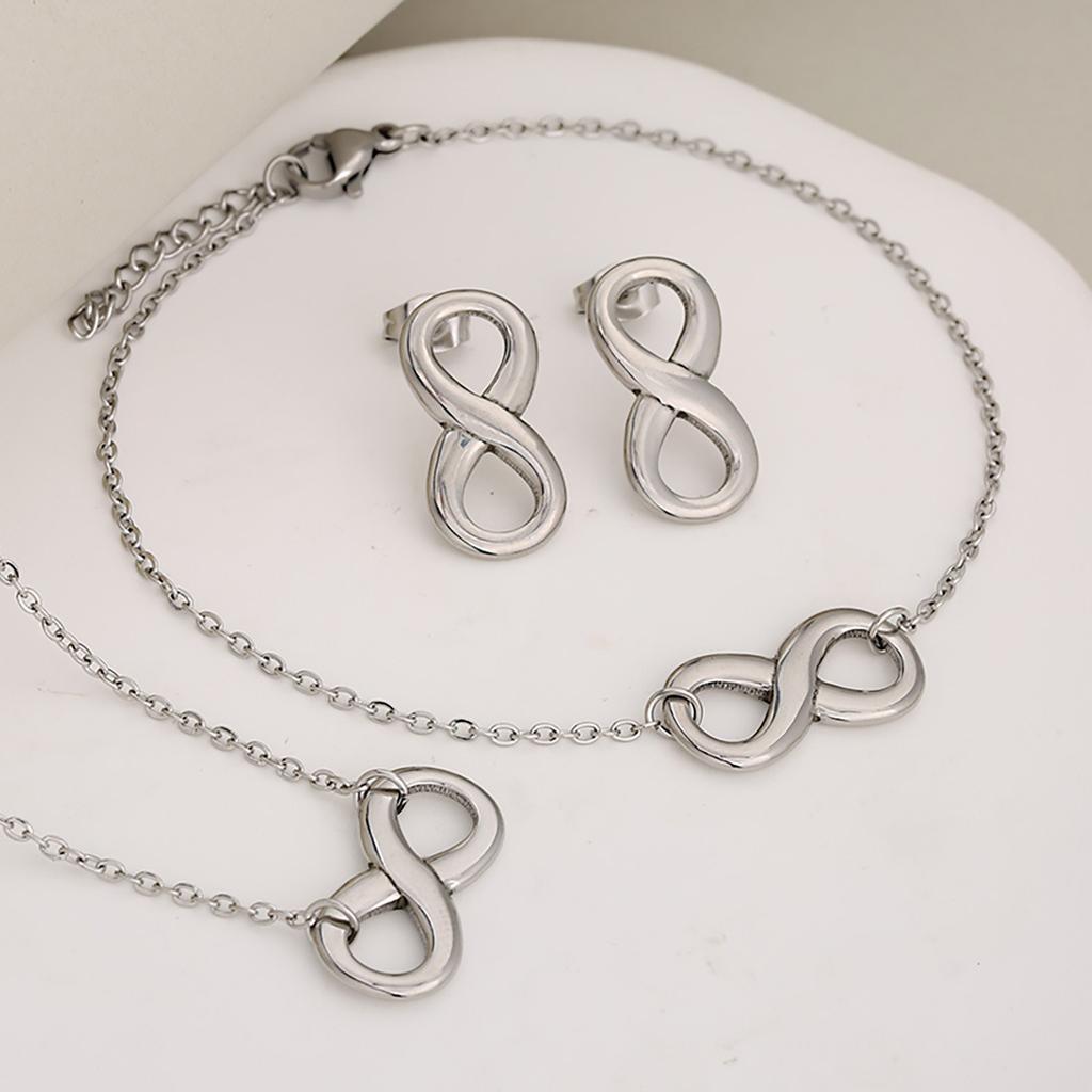 Stainless Steel Infinity Jewelry Set Smooth Polished Infinity Stud Earrings Necklace Bracelet 3Pcs Women Minimalist Jewelry Gift