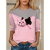 Contrast Color Classic Black White Cat Print T Shirt Women Cute Fashion Long Sleeve Tops Oversized Casual Streetwear Loose Shirt