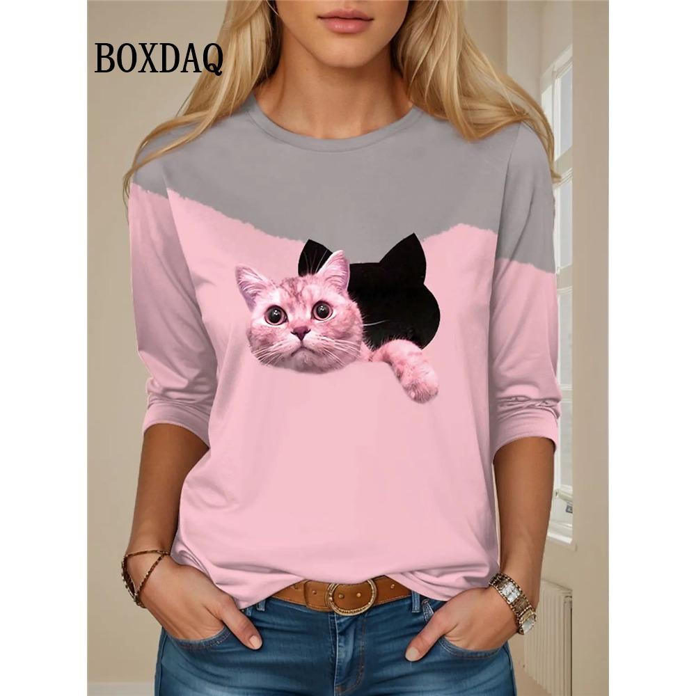 Contrast Color Classic Black White Cat Print T Shirt Women Cute Fashion Long Sleeve Tops Oversized Casual Streetwear Loose Shirt