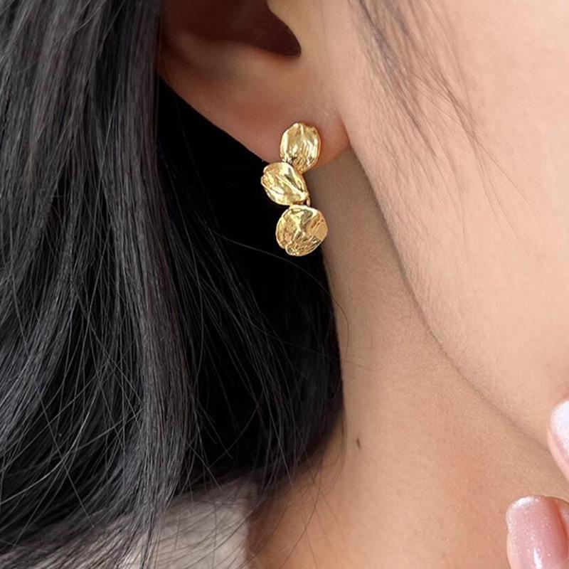 Japanese & Korean Irregular Gold Leaf 925 Silver Stud Earrings for Women