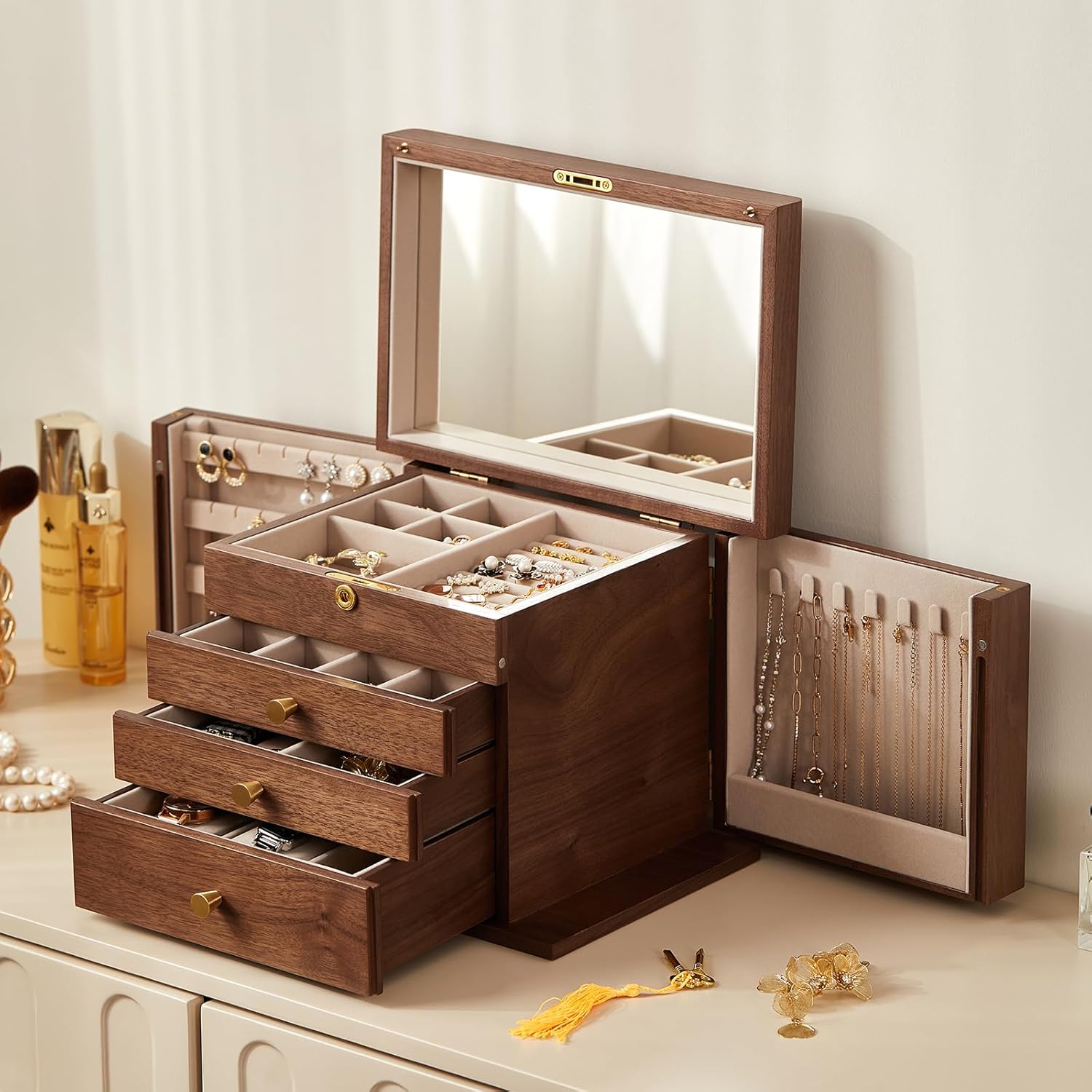 

Black Walnut Jewelry Box for Women with Mirror, 5 Drawers & 2 Doors, Watch & Jewelry Storage Gift