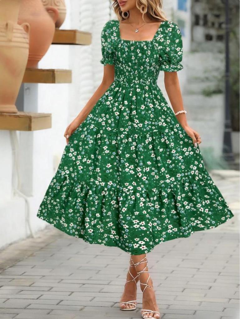 Women's Printed Square Neck Fitted Waist Puff Sleeve Dress