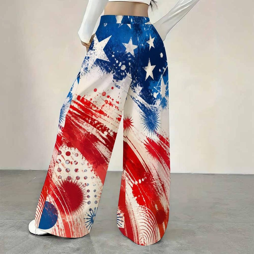 Women Plus Size Loose Straight Leg Full Length Pants Red White Blue Star Stripe Printed