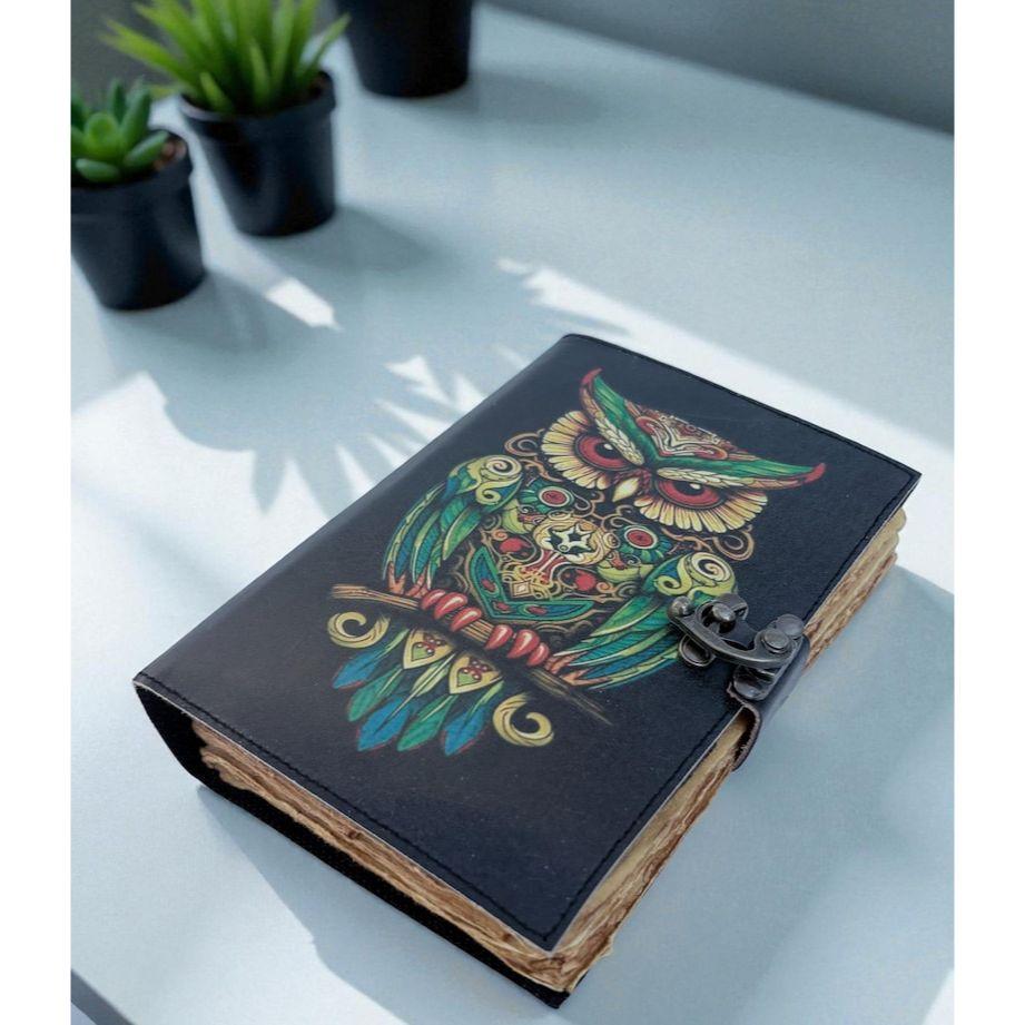 Handmade Leather Owl Journal, Vintage Deckle Edge Diary with Lock