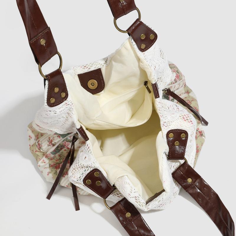 Borsa in Tessuto Patchwork Floreale, Borsa a Spalla Singola da Pendolare con Bordino in Pizzo Retrò