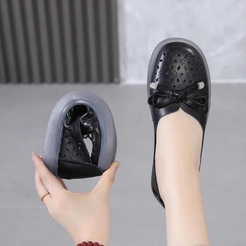Fashion Genuine Leather Shoes Hollow Out Women Ballet Flats Summer Women's Solid Soft Bottom Shoes Woman Slip on Loafers
