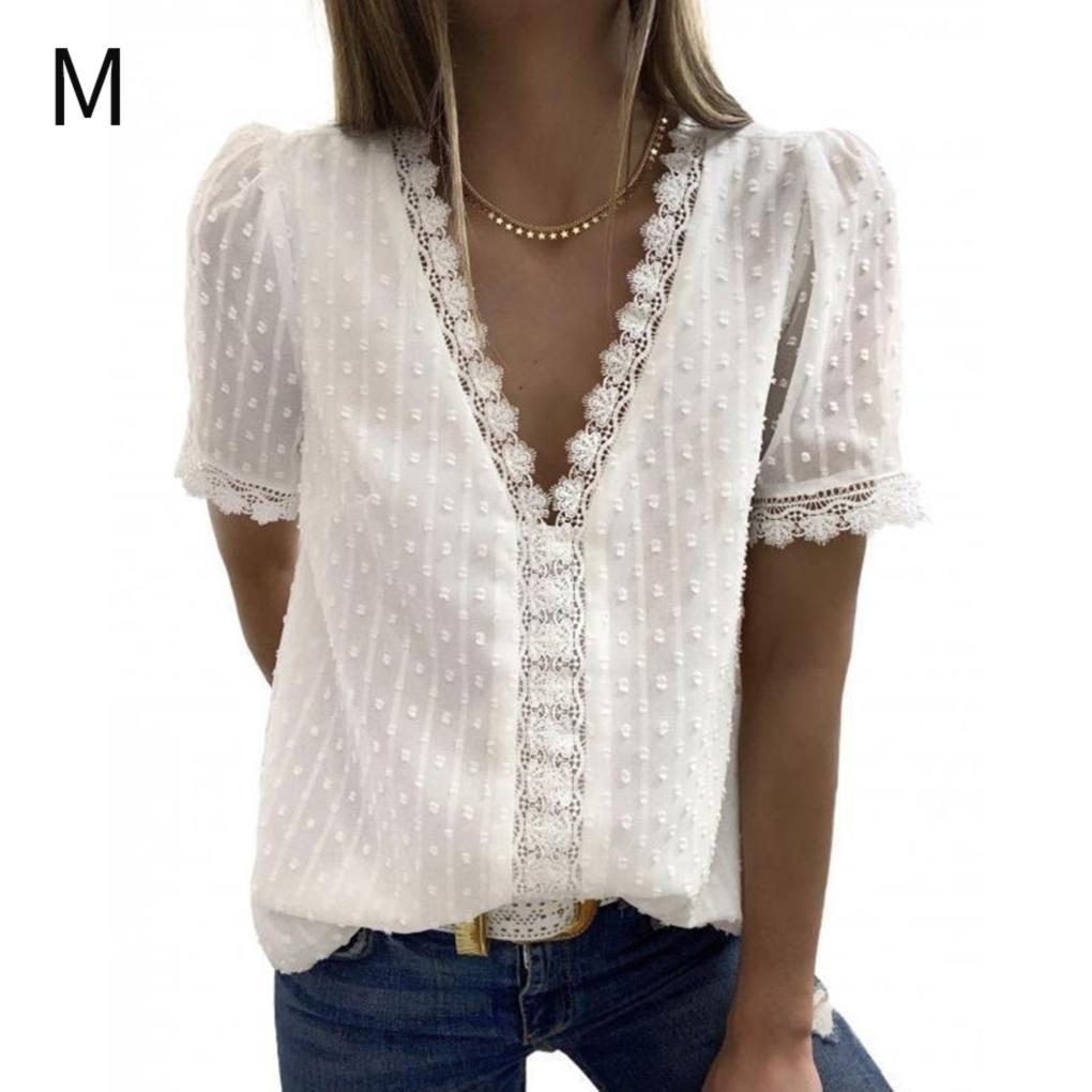 Woman T-shirt Short Sleeve V Neck Solid Color Casual Breathable Lace Loose Blouse Travelling Dating Working Shirt Clothing