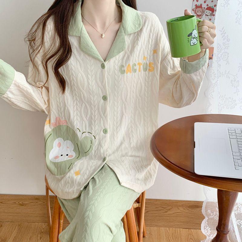 Pajama Set Women's Spring and Autumn Cardigan New Girls Simple Casual Princess Style Home Clothes Long Sleeve Pajama Set