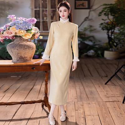 Yellow Velvet Winter Clothing National Style New Chinese Long-sleeved Cheongsam Winter Thick Improved Young Women's High Sense