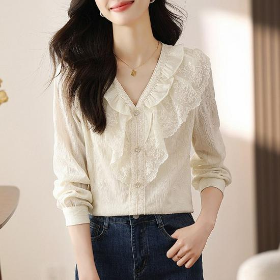 

Блузка из шифона с французскими рюшами большого размера и V-образным вырезом - Женская осенняя мода XL