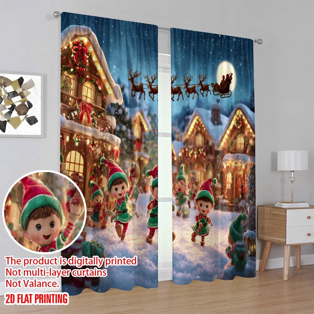 2pcs,2D Plane Printing Curtains Digital Printed Joyful Elves Playing In a Festive Light Versatile 100% Polyester (without Rod)