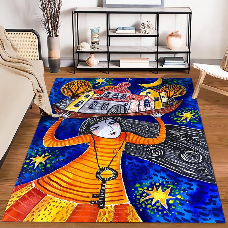 Colorful Abstract Art Carpet Featuring Woman Holding a House Scene Suitable for use as an anti-slip for living room bedroom sofas
