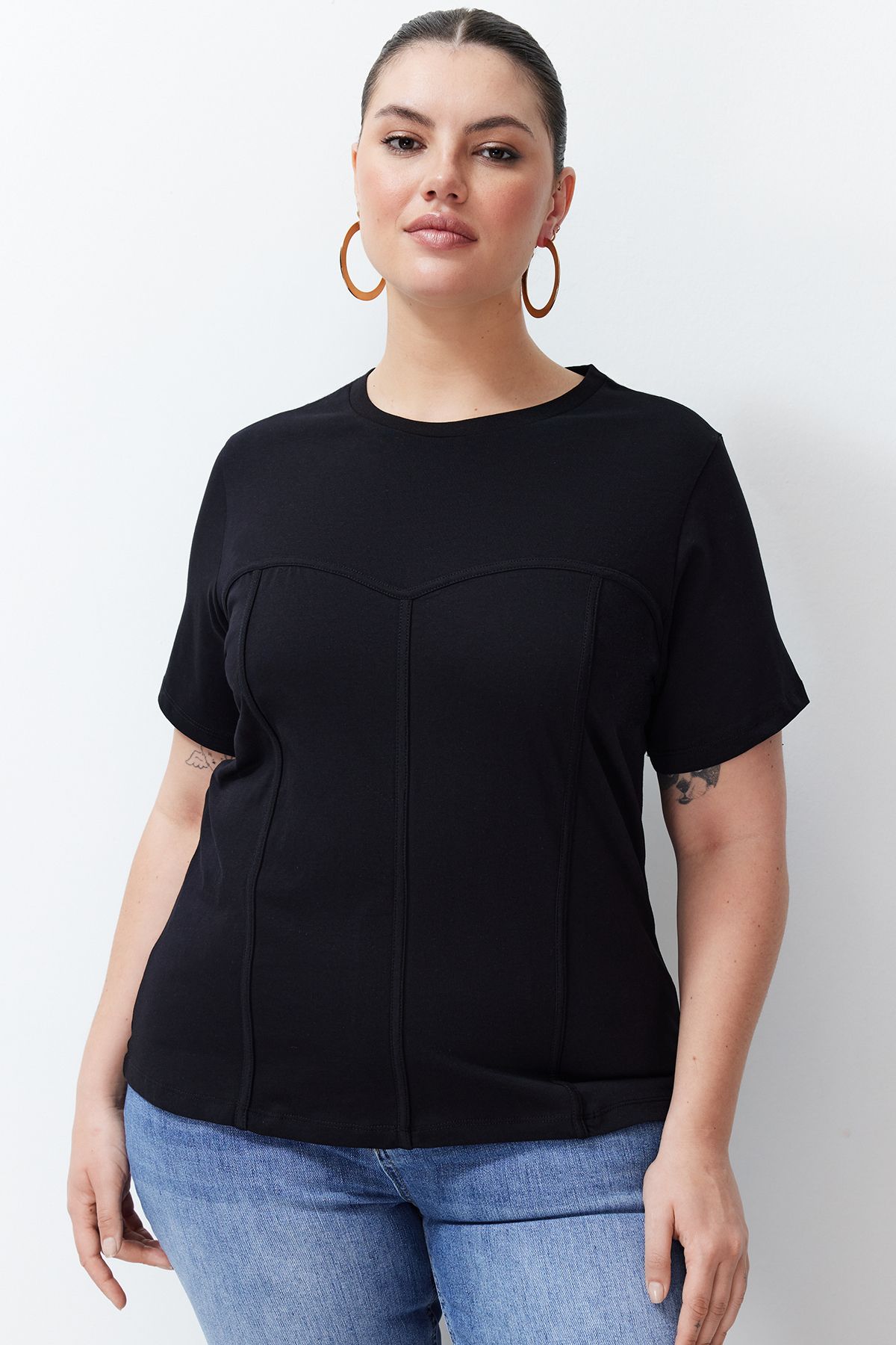 

Women s Style Plus Size Black Piping Detailed Knitted T-shirt 2XL