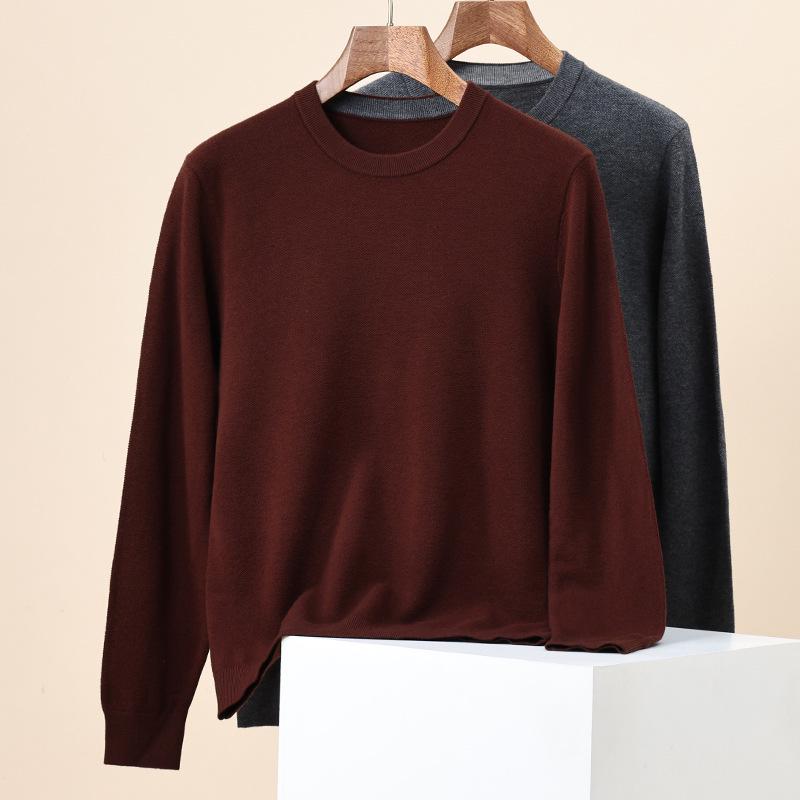 Men's 100% Pure Wool Solid Color Round Neck Sweater - 2025 Autumn/Winter Collection, High-End Base Layer