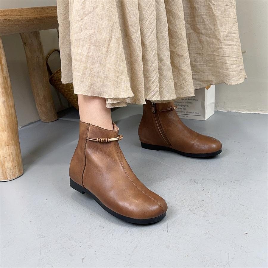 Johnature Retro Short Boots With Side Zipper Genuine Leather Soft Sole Comfortable Women's Shoes