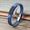 Punk Style Men Leather Bracelet Blue Braided Chain Combination Stainless Steel Clasp Wristband Jewelry Gift for Boyfriend