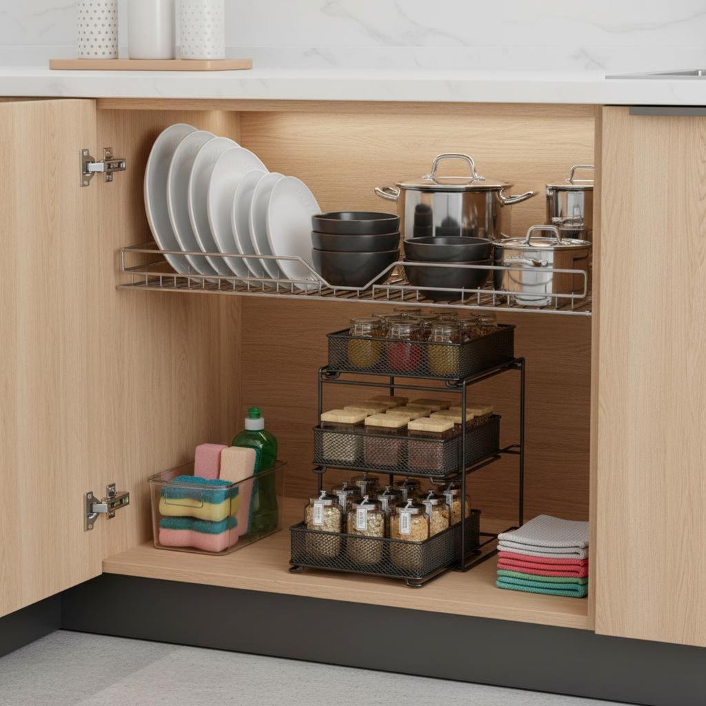 Pull out Organizer Shelf Space Saving Pull out Drawer Organizer Sliding Storage Drawer Sturdy Metal 3 Tier Slide Basket