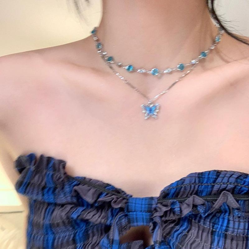 Blue Butterfly Tassel Necklace Female Is Sweet and Cool Spice Girl Tassel Design Stacked Collarbone Chain Niche Neck Chain Accessories