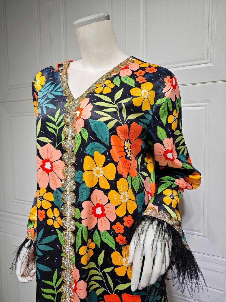 AB359 Stylish Long Robe with Feather Details: European & American Muslim Fashion