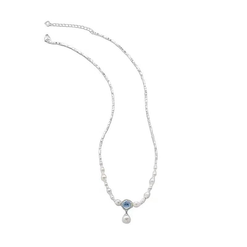 

Aquamarine Pearl Necklace New Year s Popular Broken Silver Clavicle Chain Women s Neck Chain Light Luxury Niche