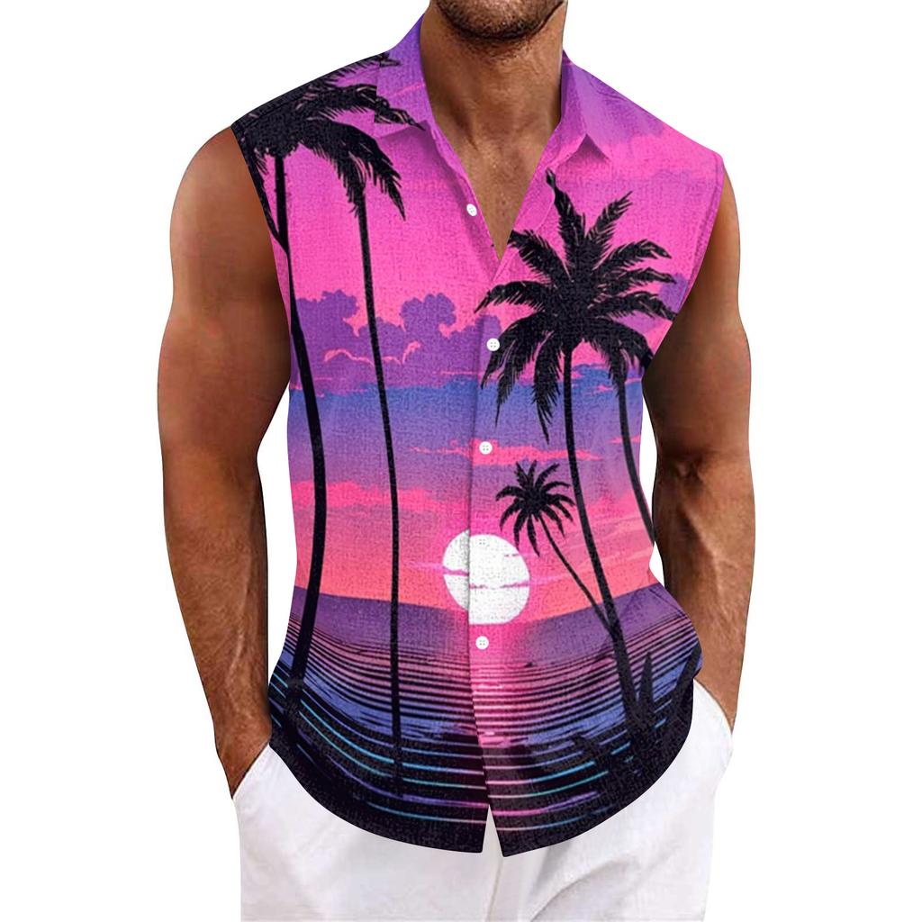 Men Tank Tops Sleeveless Shirts for Men with Button Down Collar and Tropical Print Men’s Tank Tops Men’s Tank Shirts