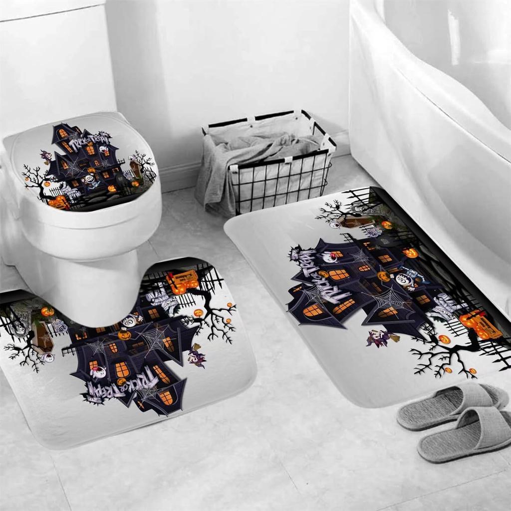 Halloween Shower Curtain Sets Haunted House Pumpkin Shower Curtains With 12 Hooks, Bathroom Decor Sets With Curtain And Rugs