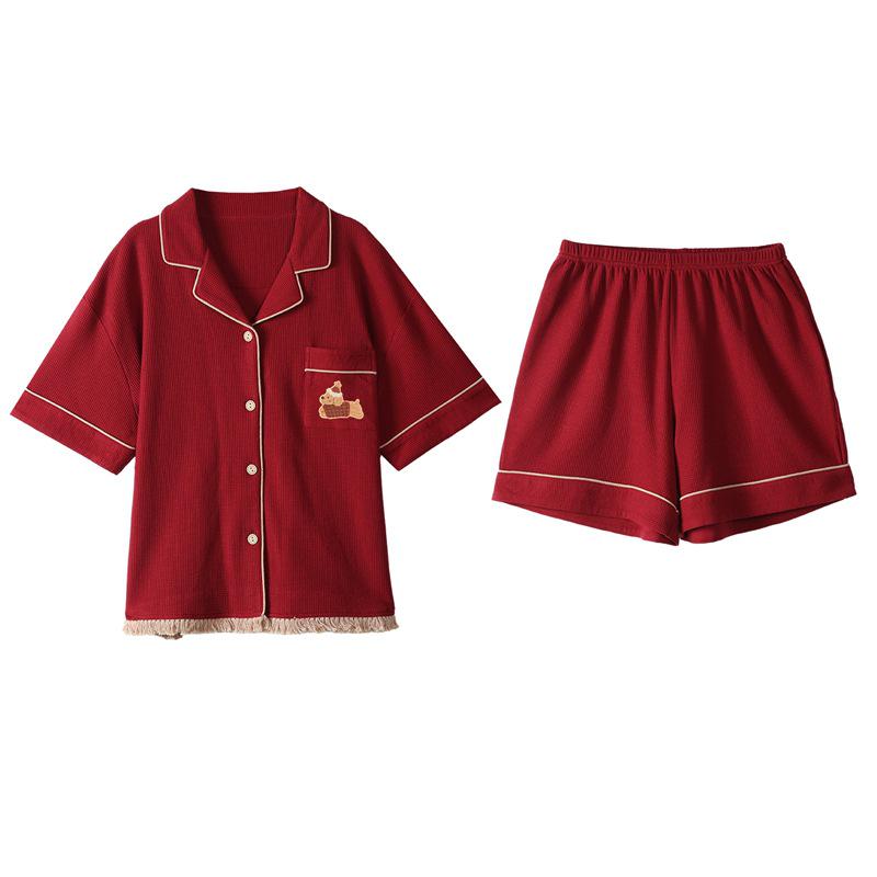 Red Cotton Anti-bacterial Year of the Rat Couple Pajama Set - Short Sleeve, Shorts & Cardigan for Newlyweds