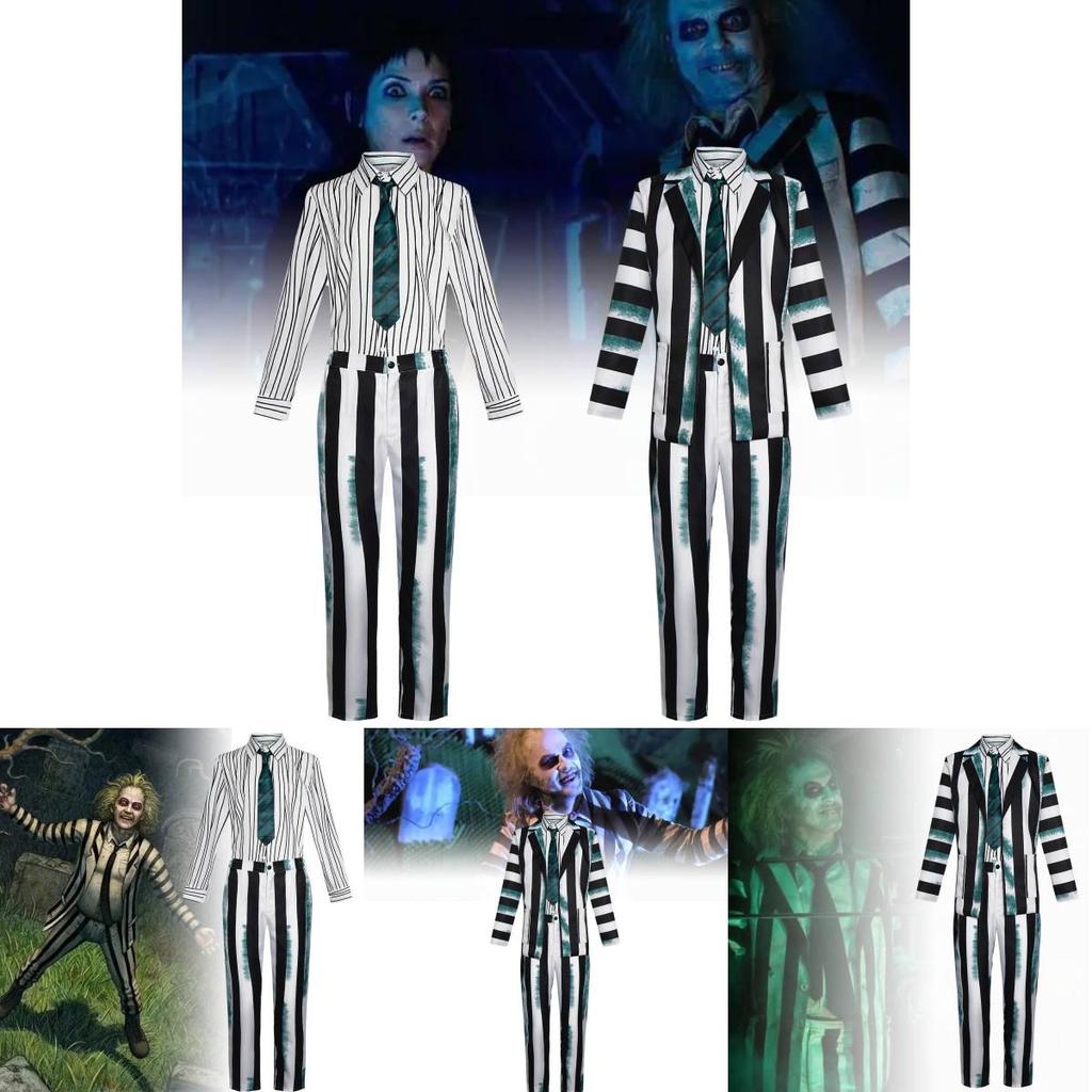 Elegante Costume Cosplay di Beetlejuice con Strisce Verdi Nere Bianche Tessuto Morbido