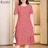 ZANZEA Women Plaid Print Casual Round Neck Short Sleeve Dress