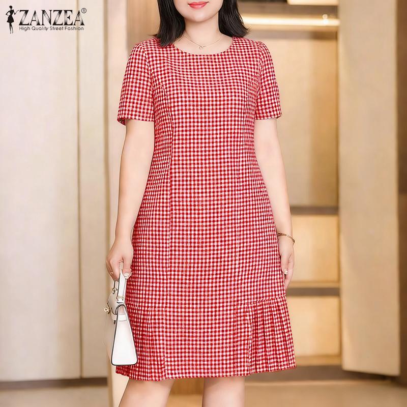 ZANZEA Women Plaid Print Casual Round Neck Short Sleeve Dress
