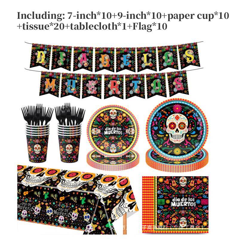 Mexican Day Of The Dead Party Decor Banner And Tableware Set With Paper Plates For Festive Celebrations
