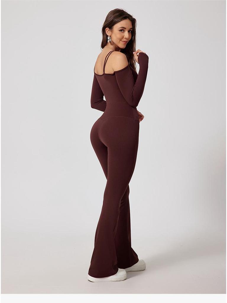 European & American Off-Shoulder Backless Jumpsuit with Double Shoulder Straps, Long Sleeves & Flared Pants
