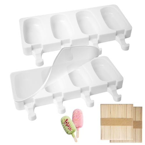 Silicone Popsicle Mold, 4 Cavity, Large Cakesicle, Silicone Mold, Oval, BPA-Free, Homemade Cake Pop Mold with Lid & 100 Wooden Sticks for DIY Popsicle