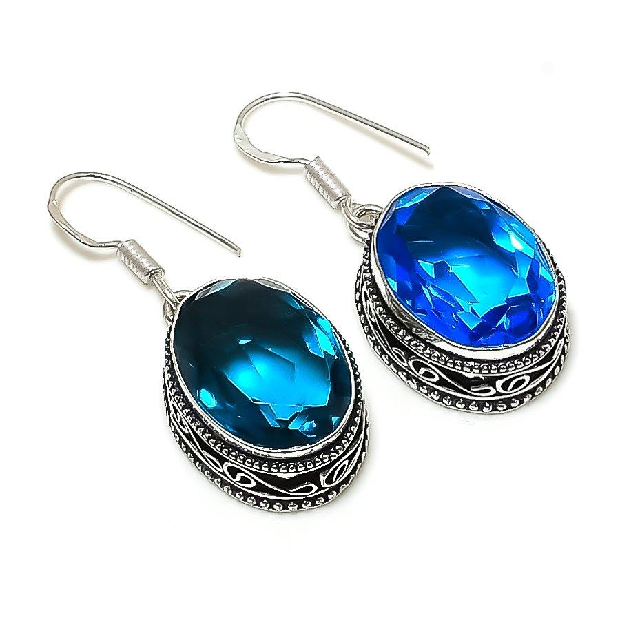 

Винтажные лондонские серьги с голубым топазом и драгоценным камнем ручной работы в этническом стиле, 1,58 дюйма, SR-9909