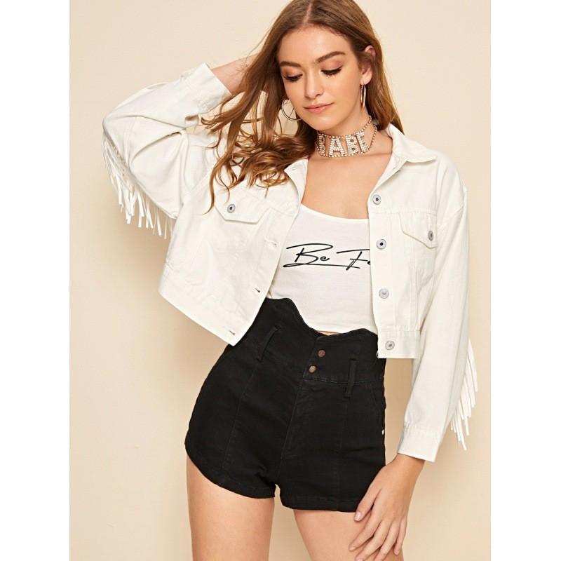 Womens Short Denim Jacket With Fringe Detail Loose Fit Cotton Blend Fall 2025