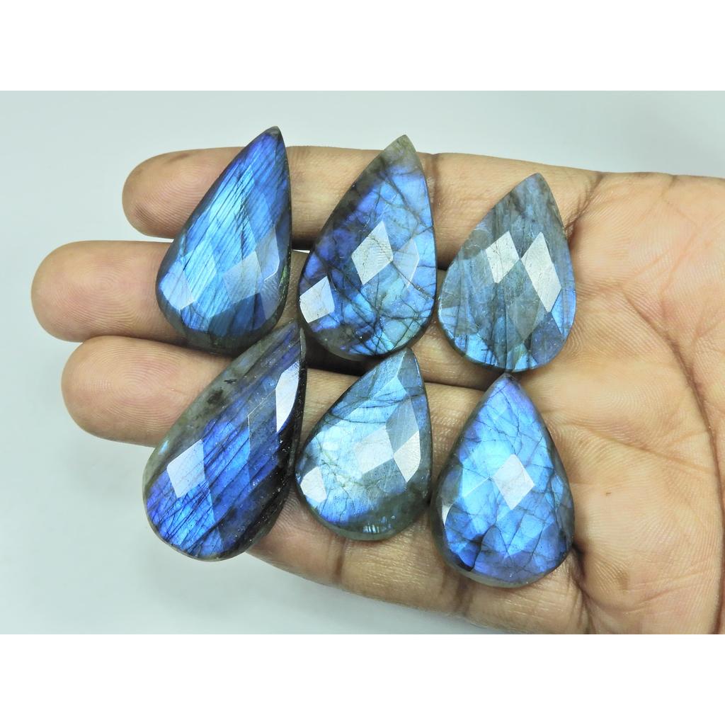 Natural Blue Labradorite Checker Cut Pear Cabochon Loose Gemstone 06 Pcs Lot C-3697