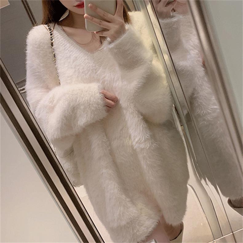 Women's Imitation Mink V-Neck Sweater - Spring & Autumn Korean Sweet Lazy Style, Soft & Plus Size Knitted Sweater
