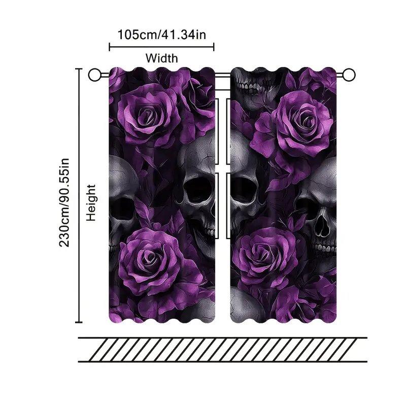 Set Of 2 Halloween Purple Rose Skull Design Pattern Printed Curtains Window Decorations Home Room Curtain Made Polyester