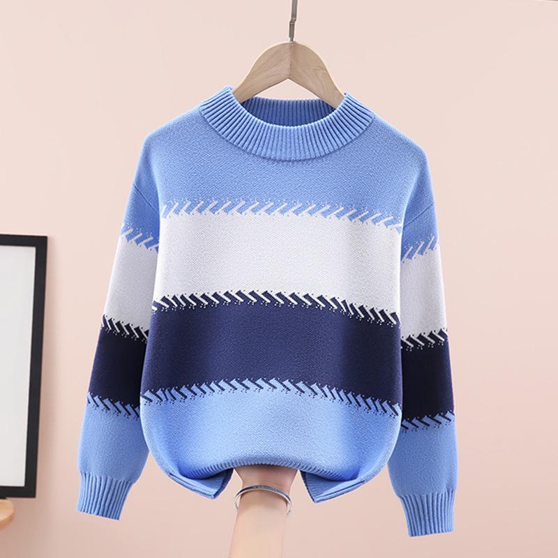 Boy's Round Neck Knit Sweater - Pure Cotton, Fleece-Lined for Autumn/Winter