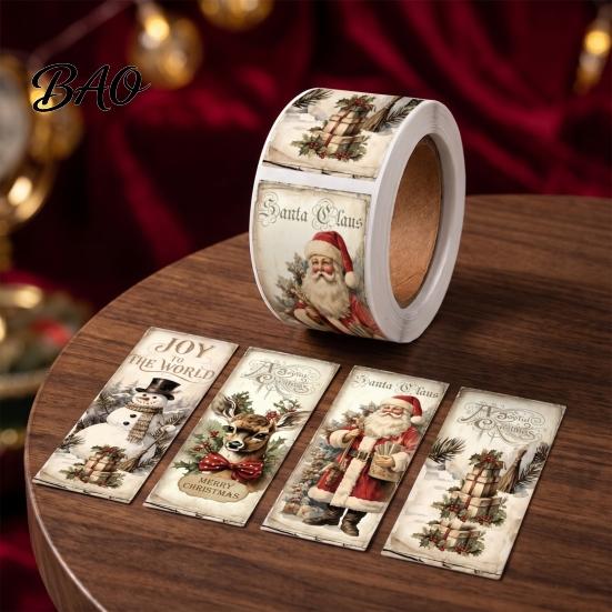 Retro Illustrated Gift Tape Christmas Coated Paper Sealing Sticker, Hand-drawn Santa Claus Snowman Elk Envelope Stickers Design, Decorative