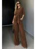 New Summer/Fall Collection Solid-Color Round-Neck Short-Sleeve Loose-Fit Wide-Leg Pants Slimming Tie-Waist Set
