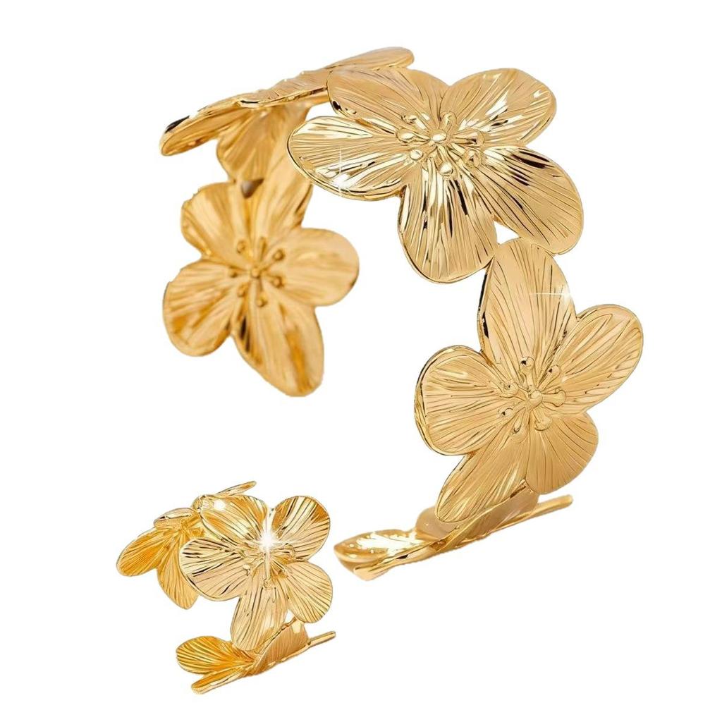 Elegant 2-Piece Flower Bracelet and Ring Set: Adjustable, Textured Design