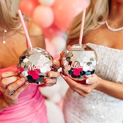 Creative Disco Ball Cups Flash Cocktail Cup with Straw Reflection Color Mirror Ball Straw Wine Glass Disco Ball Water Bottles